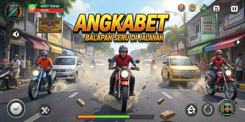 Screenshot gameplay ANGKABET menampilkan mobil balap melaju cepat di lintasan.