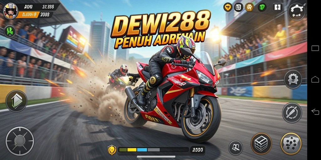 Gameplay seru DEWI288 dengan aksi balapan motor yang cepat.