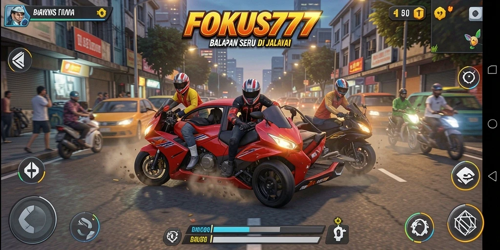 Tampilan gameplay balapan seru di FOKUS777 dengan mobil cepat dan trek menarik.