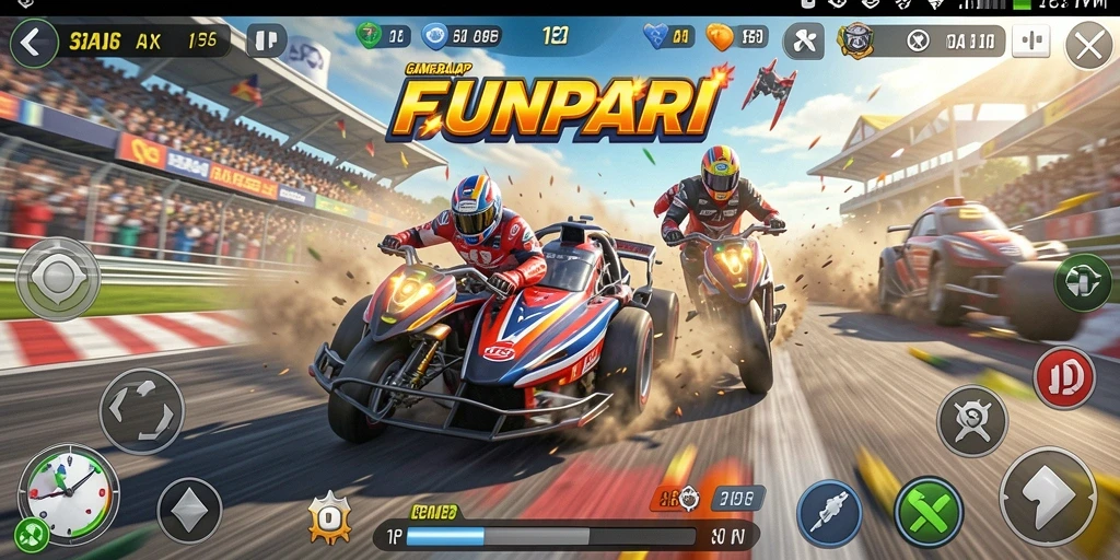 Tampilan seru gameplay balap di FUNPARI yang menegangkan.