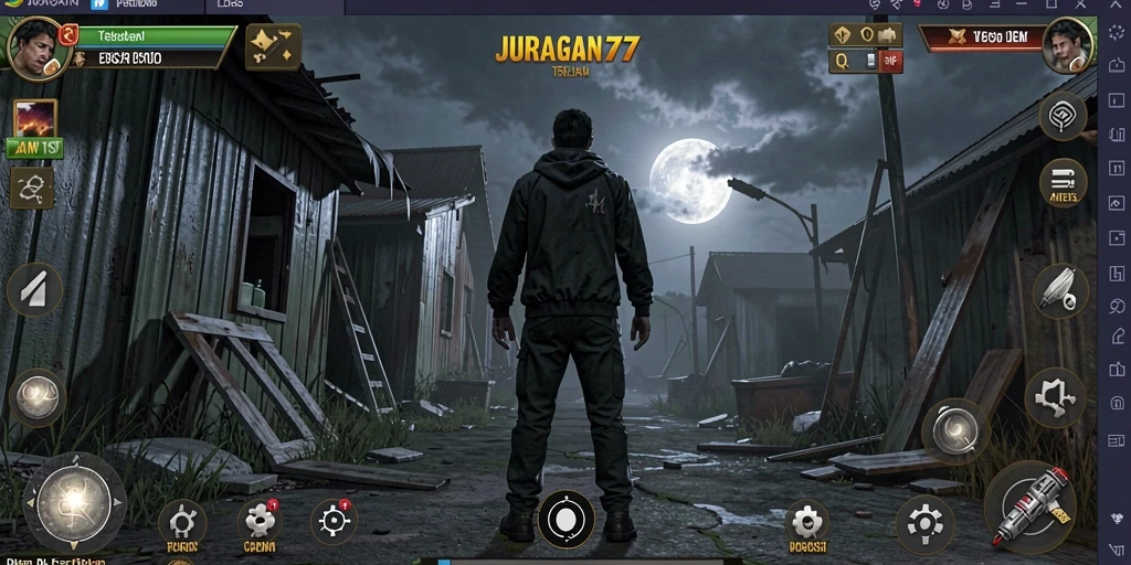 Tangkapan layar gameplay menakutkan dari JURAGAN77 dengan suasana gelap.