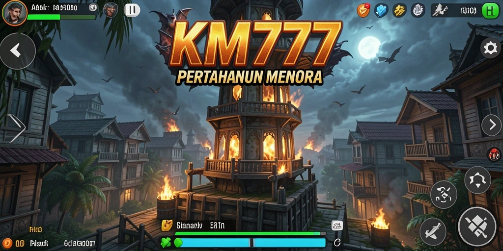 Tampilan gameplay strategi Tower Defense dengan menara yang kuat.