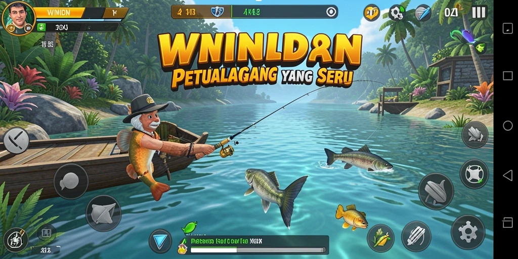 Tampilan gameplay WINIDN dengan memancing di lokasi yang menakjubkan.
